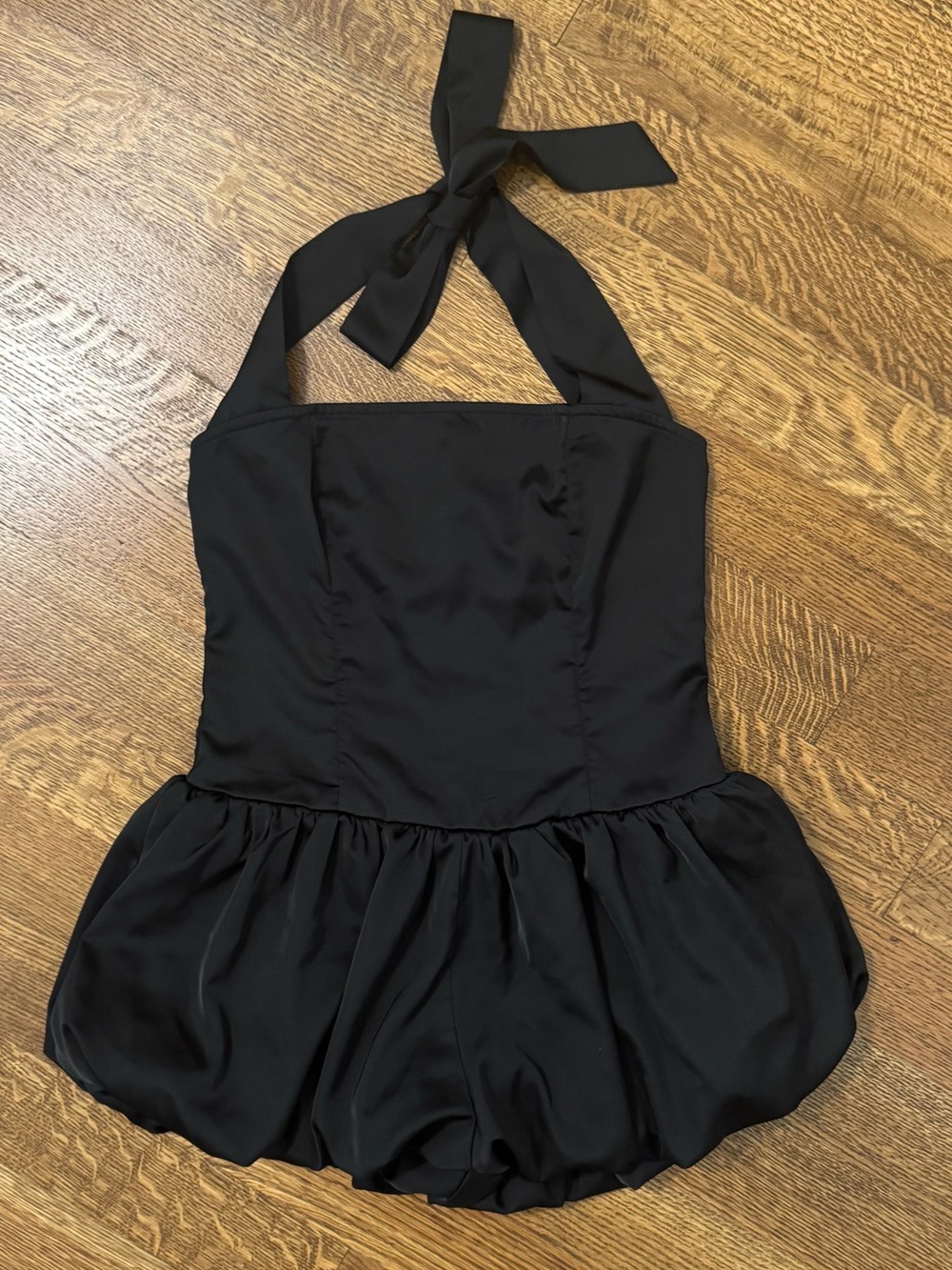 PrettyLittleThing Black Satin Halter Puffball Playsuit Romper Size 4 EUC So Cute